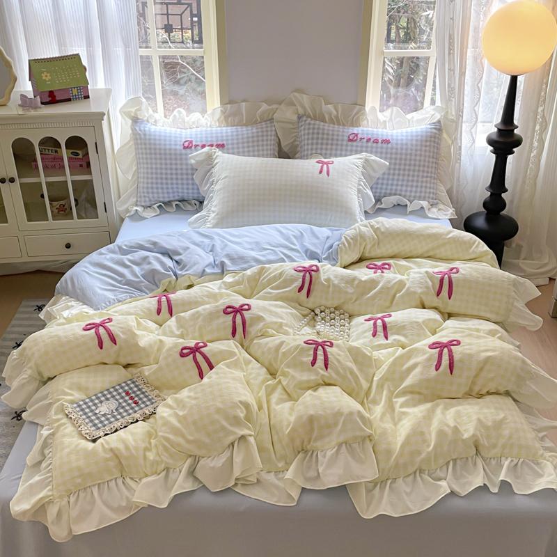 Korean Style Bedding Sets  Pink Grid Bow Quilt Cover Romantic Bed Sheet Sets Woman Girls Bedroom Duvet Cover 4pcs