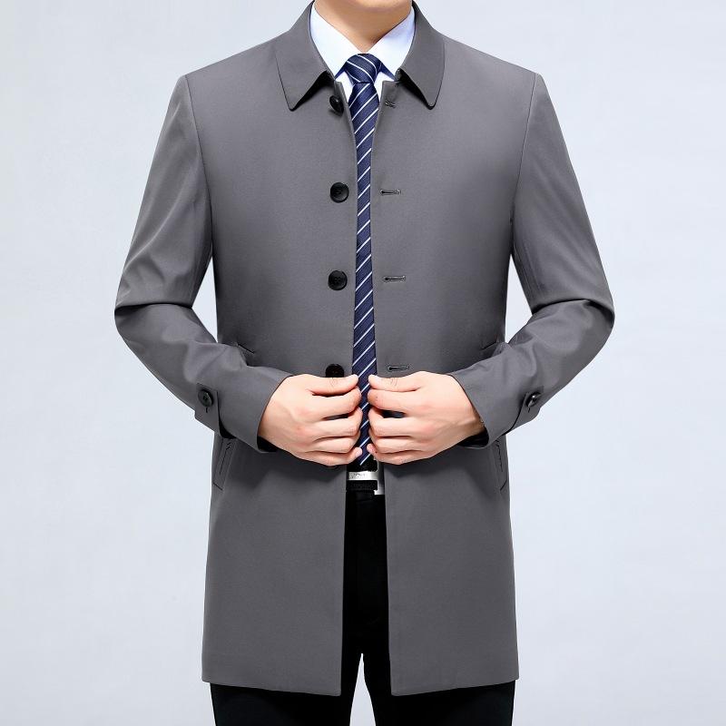 Spring and autumn new style mulberry silk men's windbreaker lapel mid-length solid color middle-aged business casual jacket