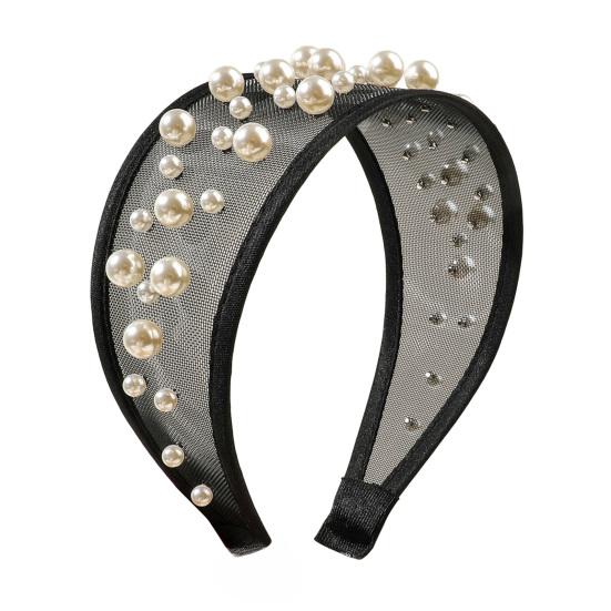 Widened Curved Hair Hoop, Breathable Mesh Base Headband with Imitation Pearls Decor, Anti-Slip Hemming Face Shaping Hair Accessory