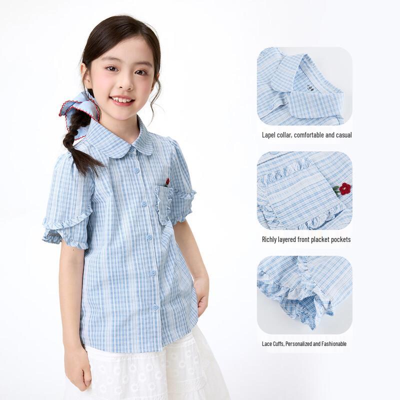 Girl's Casual Plaid Shirt with Ruffle Cuffs