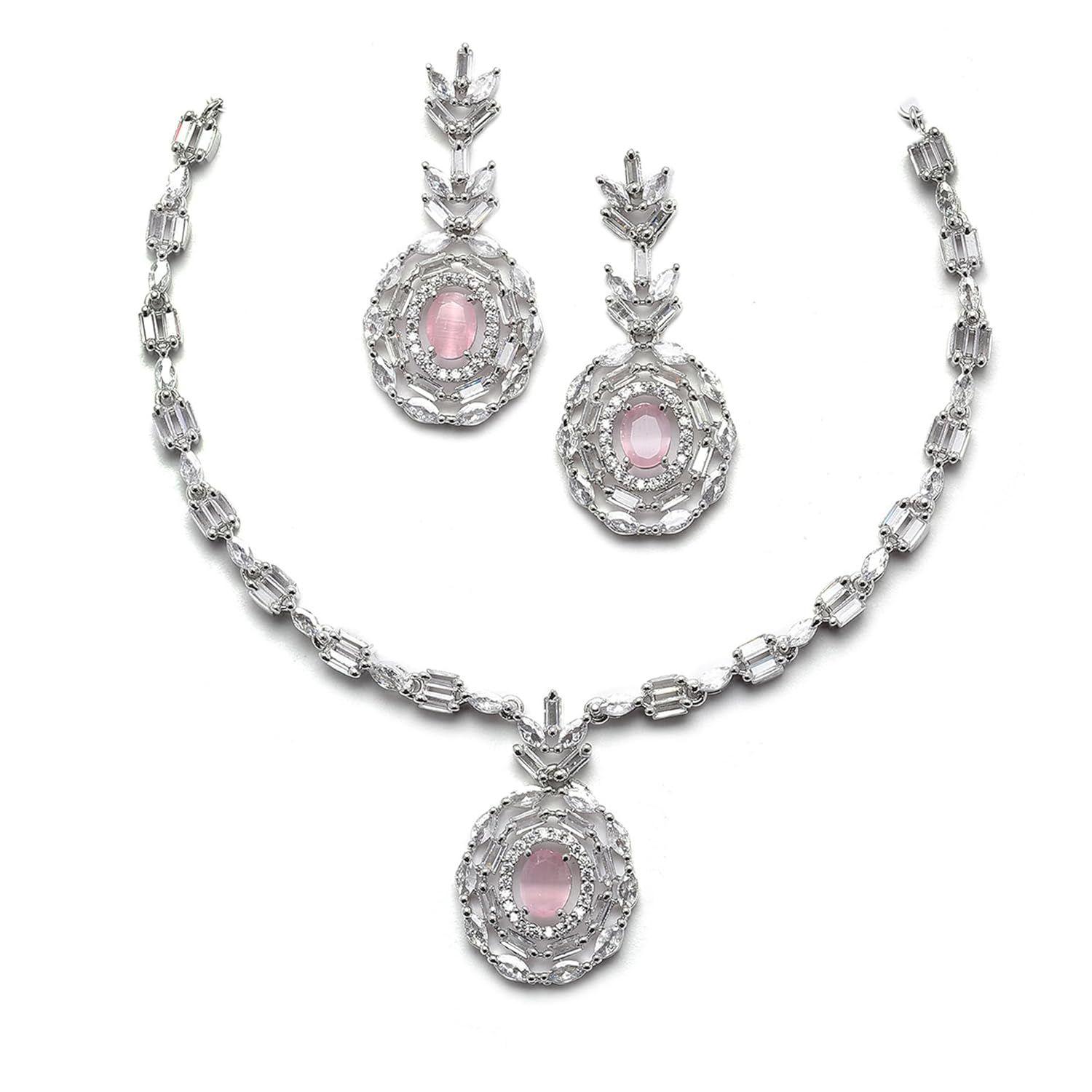 

Rhodium-Plated Silver Toned Square & Circular Shaped American Diamond Studded Necklace with Earring Jewellery Set for Girls and Women
