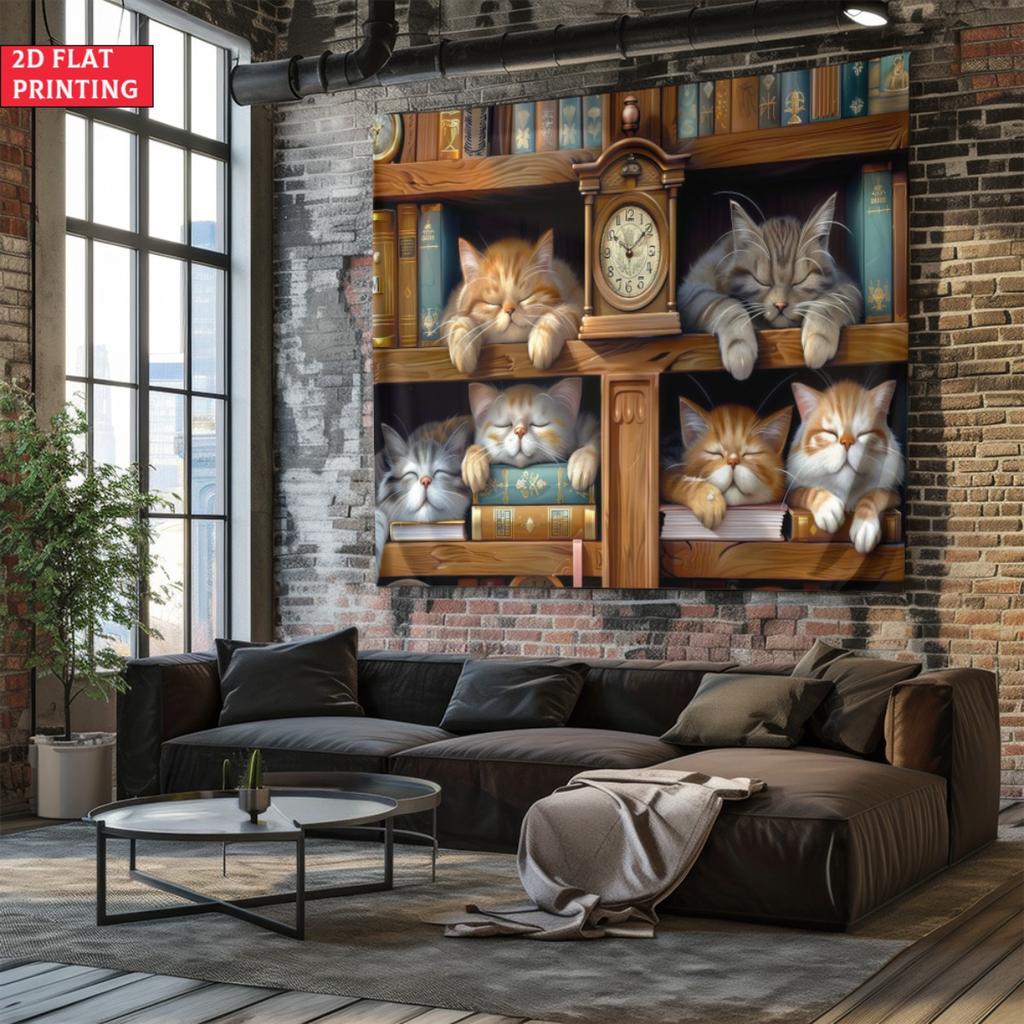 1pcs Cute Sleeping Kittens in Bookshelf Tapestry Cozy Cat Library Wall Hanging Aesthetic Room Decor 180x350cm