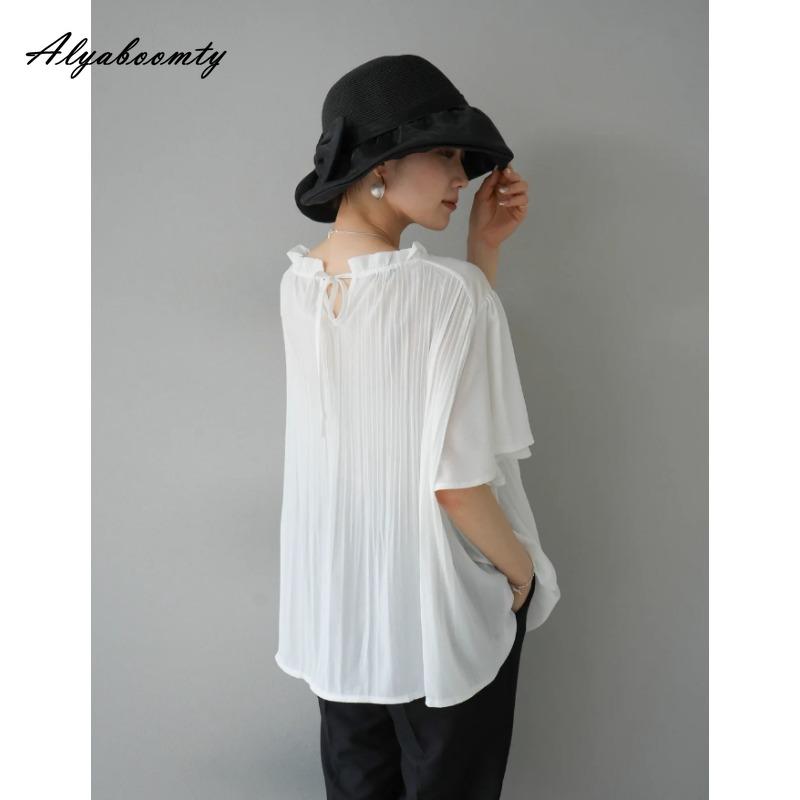 Korean Style Spring Summer Women Casual Loose Blouse Ruffled Collar White Black Pleated Blouse Batwing Sleeve Elegant Office Lady Blouse
