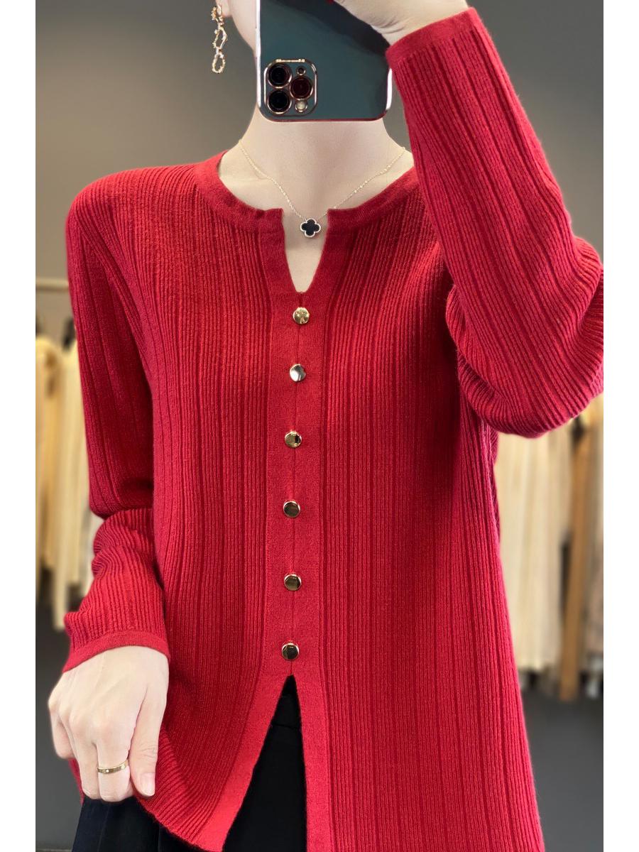 

Женский кардиган из мериносовой шерсти с V-образным вырезом - Красный, Вязка свободной плотности, Длинный рукав, Весна/Осень 2025. Extra Large красный