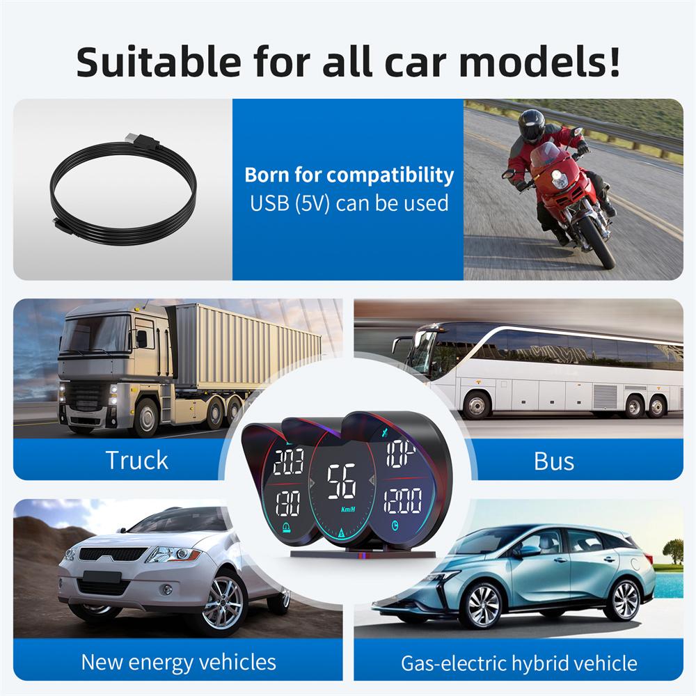 HUD GPS Heads Up Display LCD Speedometer Over-speed Alarm Fatigue Driving Alarm