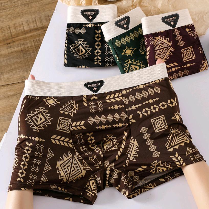5 Pieces Men's Ice Silk Underwear Comfortable Boxer Briefs Teenager Retro Underpants Breathable Printing Boxers