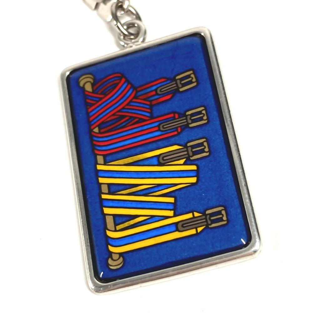 HERMES Logo enamel Chain Bag Charm Key Holder Metal Silver/blue