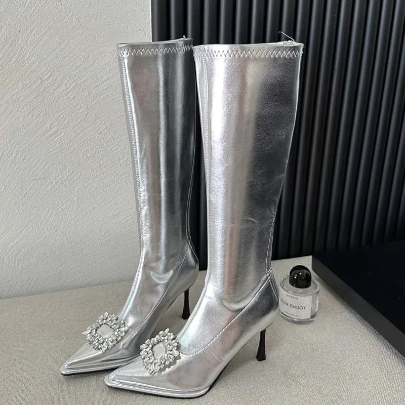 Eilyken Winter Street Style Pointed Toe Woman Knee-High Boots Sexy Crystal Zipper Thin High Heels Long Booties Shoes