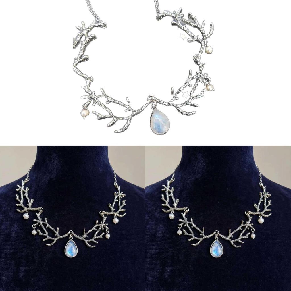 Forest Spirit Tree Branch Necklace With Moonstone And Silver Leaf Pendant For Women