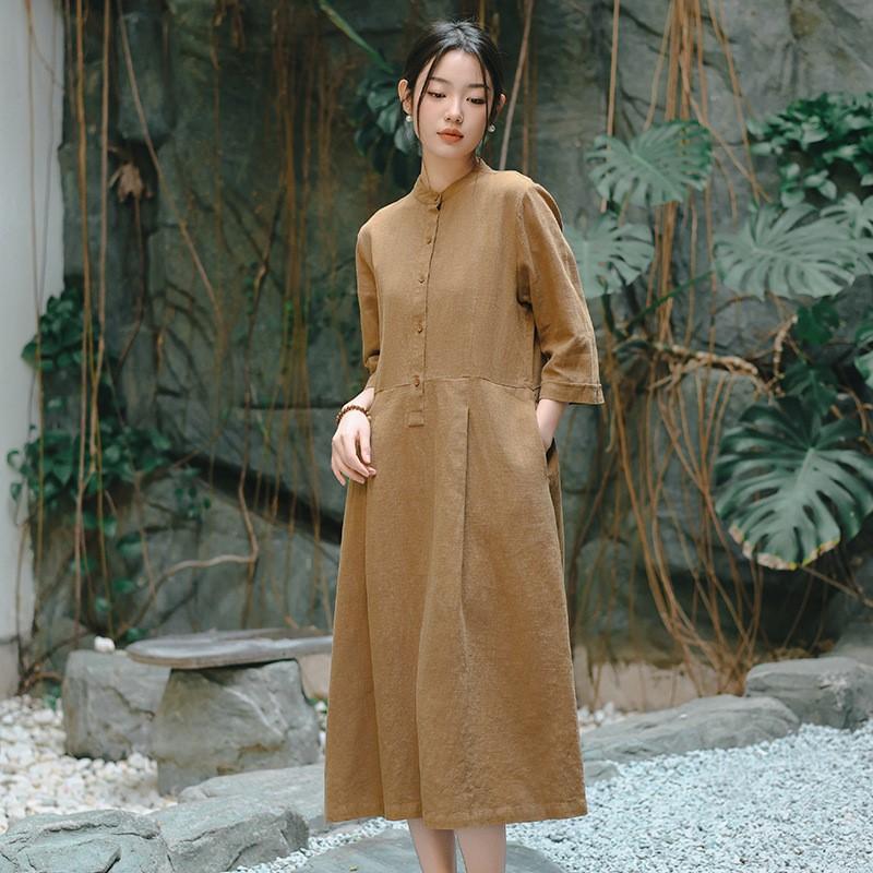 Johnature Kadın Vintage Bahar Yedi Kollu Düğmeli A Kesim Cepli Kadın Elbiseleri