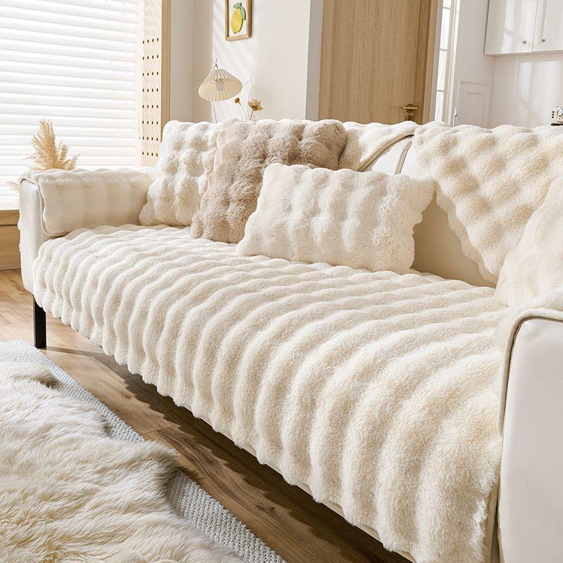 Solid Color Sofa Cushion, Pet Friendly Sofa Cover, Plush Sofa Protector, Thickened Winter Plush Pad Protector with Rabbit Hair Touch and Bubble Stripe