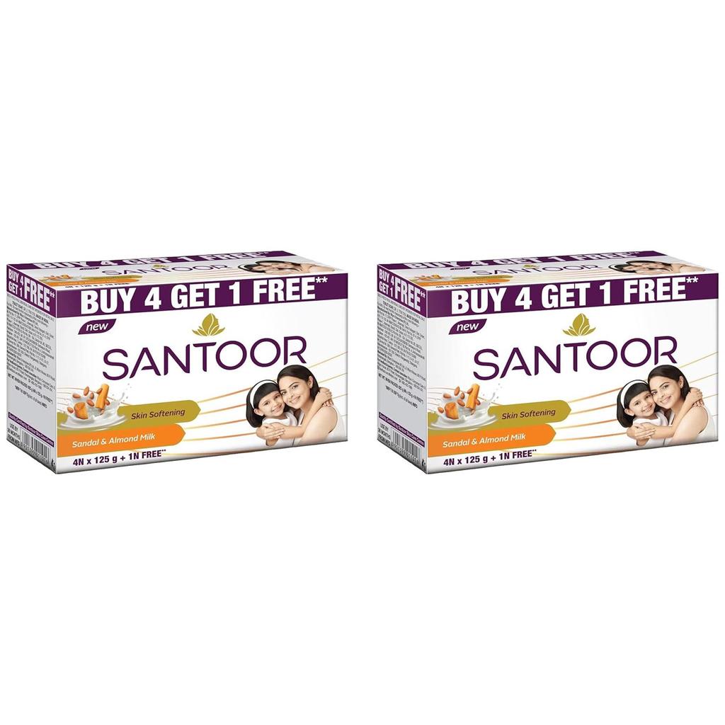 Santoor Sandal and Almond Milk Soap Pack of 2 Deep Moisturizing Bath Bars for Bright and Glowing Youthful Skin