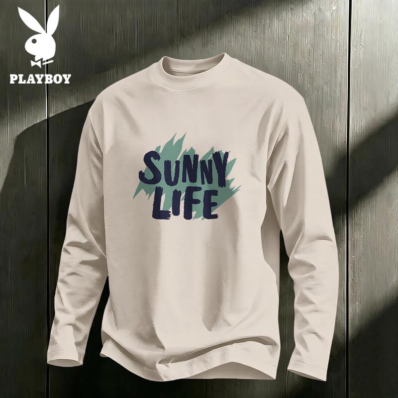 PLAYBOY Men's Long-Sleeve Pure Cotton Crewneck T-Shirt