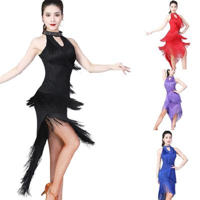 Funkelndes Latein-Tanzkleid Asymmetrisch Pailletten Fransen Performance-Kostüm Atmungsaktives Polyester Bühnenoutfit