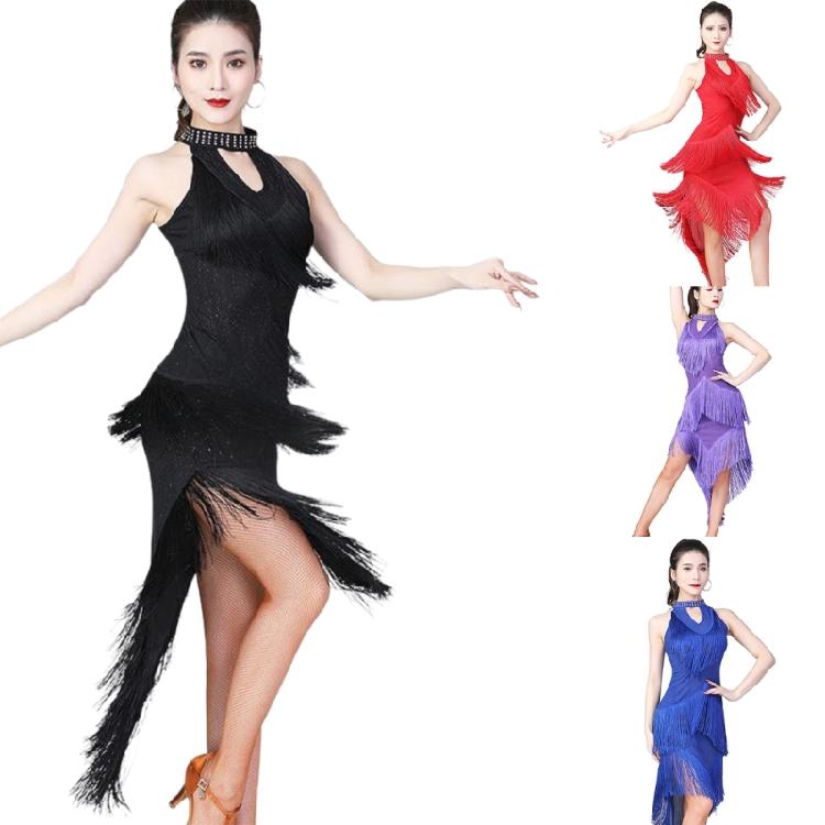 Glittering Latin Dance Dress Asymmetrical Sequins Fringe Performances Costume Breathable Polyester Stage Outfit