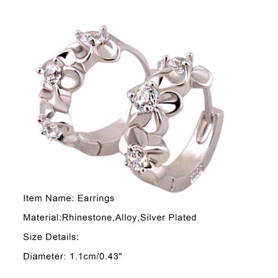 Women Shiny Rhinestone Flower Silver Plated Hoop Earrings Ear Clips for Party