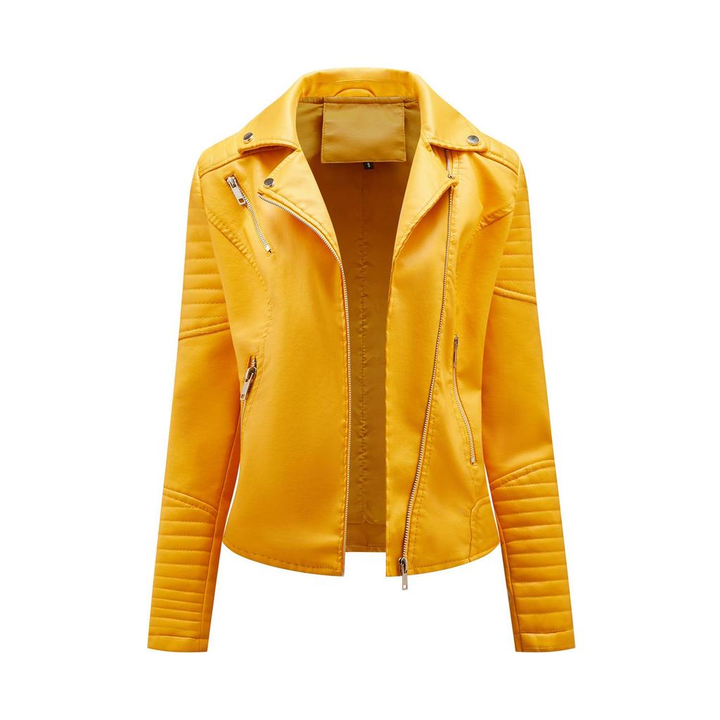 Spring and Autumn Short Leather Jacket for Women, Slim Fit, Lapel Motorcycle Jacket, Oblique Zipper Jacket for Women