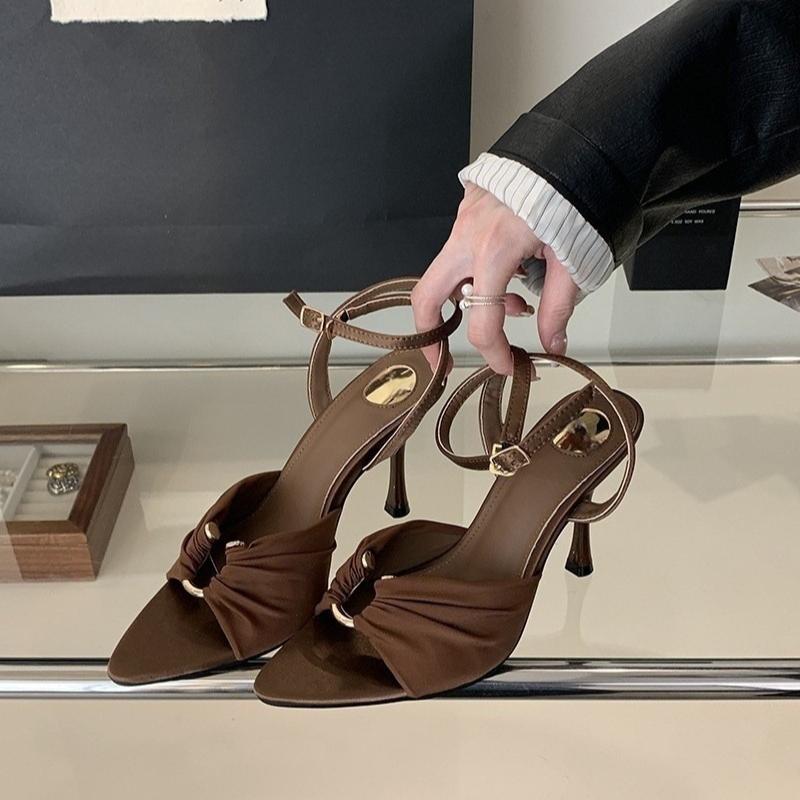 2025 New Fashion Hollow Out Metal Buckle Woman Sandals Cozy Silk Ankle Strap Sexy Pointed Toe High Heels Party Dress Shoes