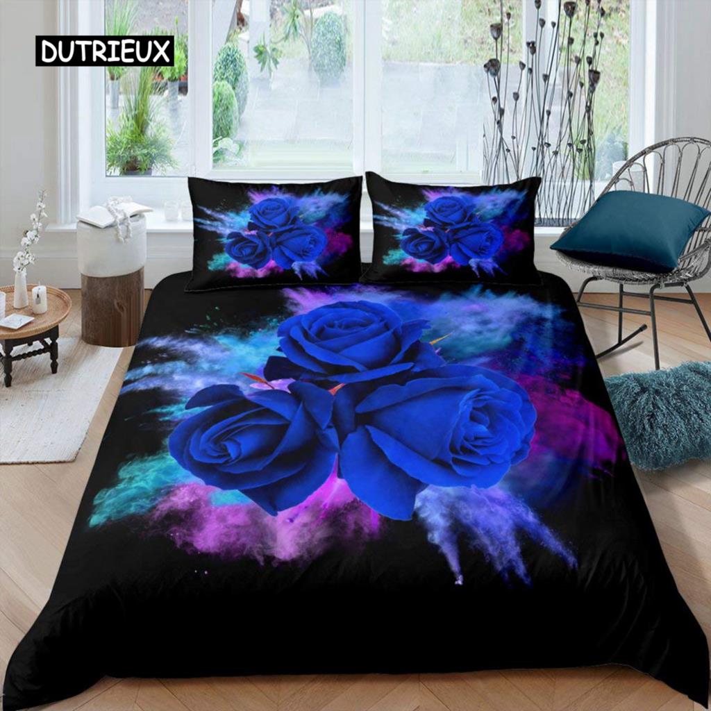 Rose Duvet Cover Set Women Chic Purple Floral Print Bedding Set Romantic Flowers Glitter King Size Comforter Cover for Couples