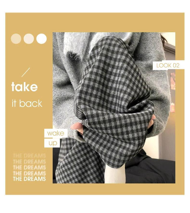 Women's High-Waisted Black & Gray Plaid Wide-Leg Pants - Slimming Casual Fit, Autumn/Winter Collection, Petite Size, Plus Velvet.