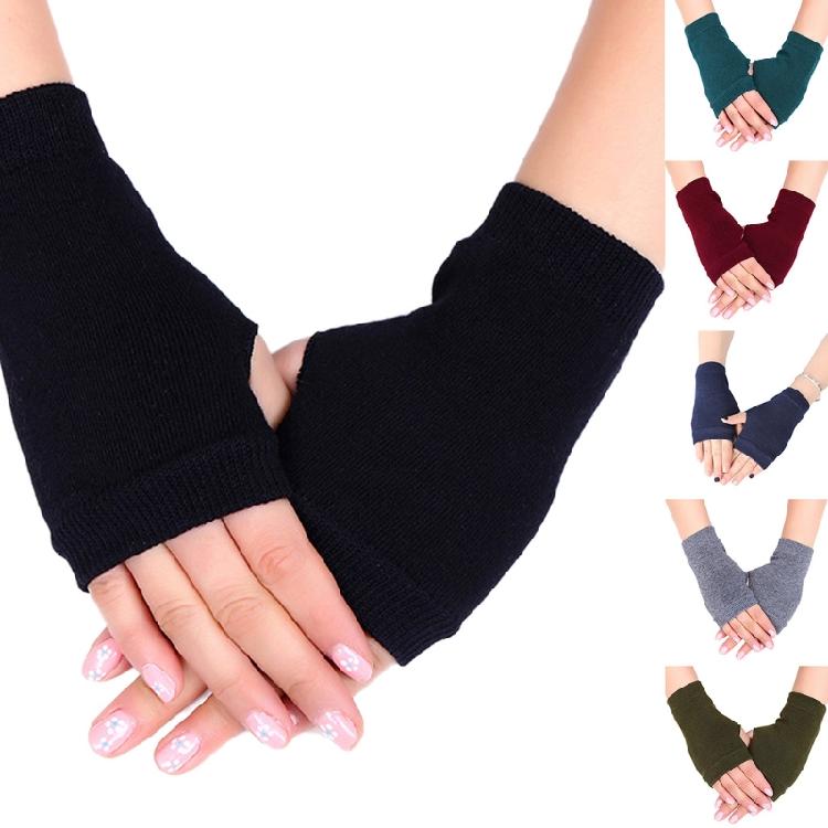 Fingerless Gloves Stretchy Knitted Thumb Hole Mittens Solid Short Hand Warmers