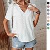 Dressy Summer Eyelet Tops for Women Short Sleeve Lace V Neck Tunic Blouse Loose Button Up Casual Tee Shirts