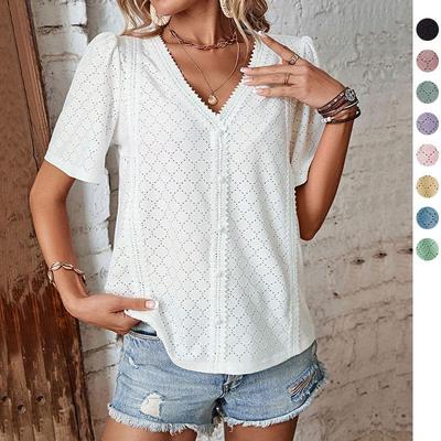 Elegante Sommer-Lochstickerei-Oberteile für Damen Kurzarm Spitze V-Ausschnitt Tunika Bluse Locker Knopfleiste Freizeit-T-Shirts