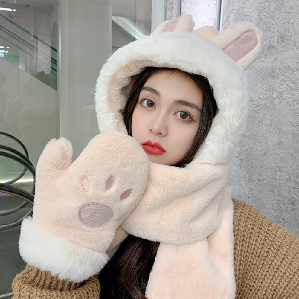 

Шапка-шарф-перчатки в форме кроличьих ушек, интегрированная, из мягкого плюша, грелка для шеи, шапка для защиты ушей для женщин бежевый