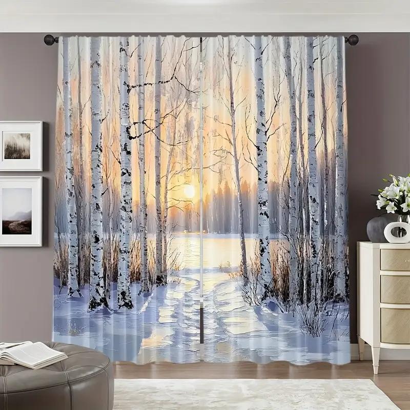 2pcs Artistic Winter Birch Forest Printed Curtains, Designed for Light Filtering, Quality Material, Ideal for Seasonal Home Wind