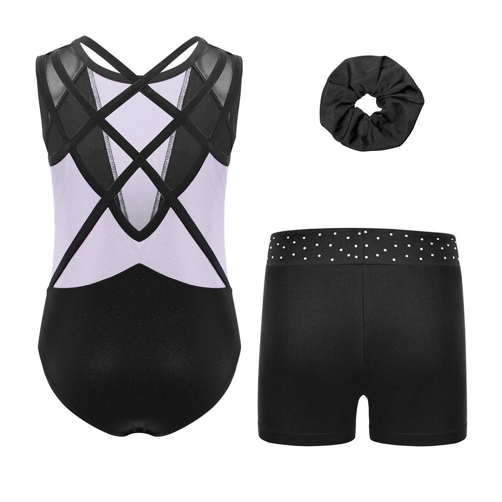 Dívčí taneční a gymnastický úbor Bez rukávů Křížové záda Lesklé kamínky Barevné bloky Metalický trikot Elastický pas Krátký