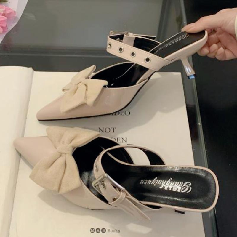 Vintage Buckle Bow Brand Slide Pumps Women Sexy Pointed Toe Slingback Party Sandal Elegant Wedding Low Heeled Shallow Mule Shoes