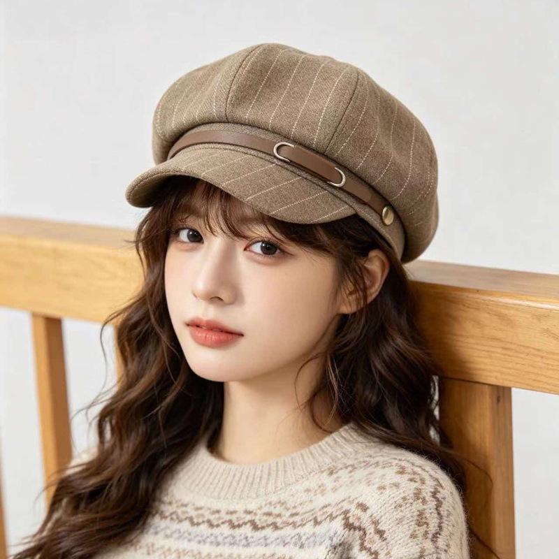Autumn and winter retro star anise hat female striped painter hat striped British style beret leather buckle newsboy hat