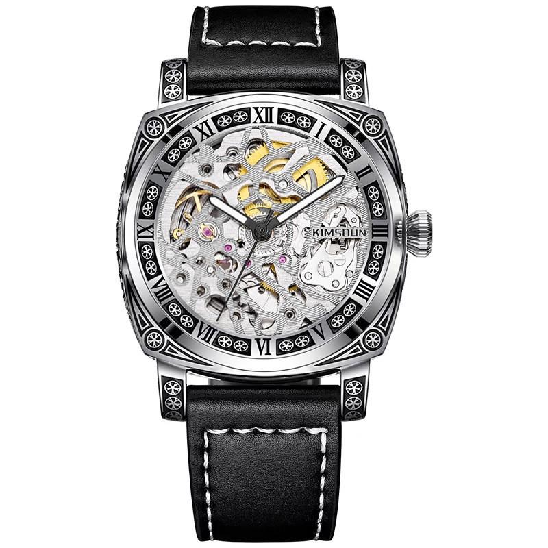 Automatic Mechanical Mens Watch With Dual-Side Hollow Carved Dial Stainless Steel Case Mineral Glass 42mm