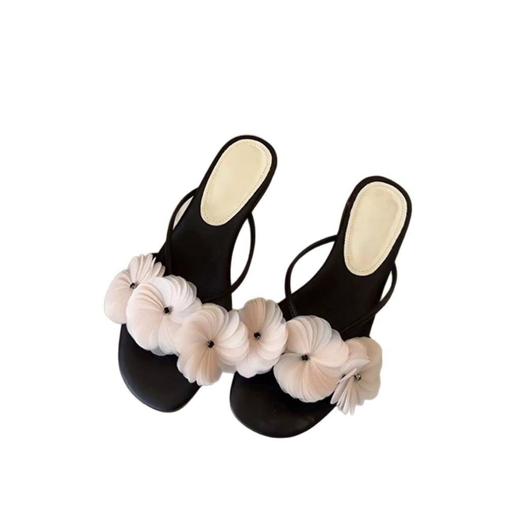 Sheepskin version~ French fairy style flower toe cool slippers women's outer wear 2025 summer versatile low-heeled sandals