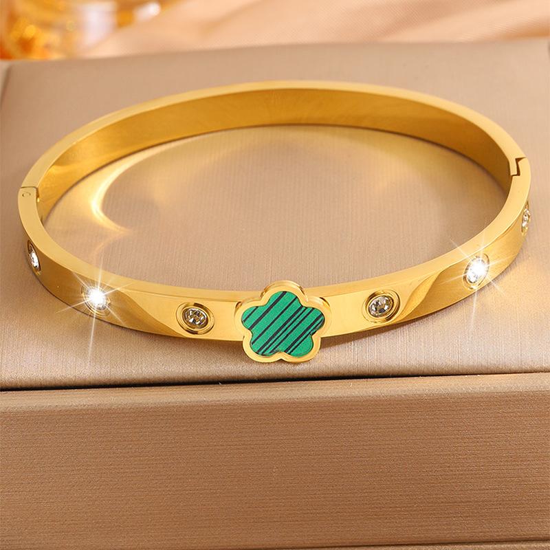 

ZAKOL Браслет из нержавеющей стали с римскими цифрами, ракушкой и цветком с пятью лепестками для женщин, классический клевер, цветок сливы, золотого цвета, для вечеринок, с цирконием