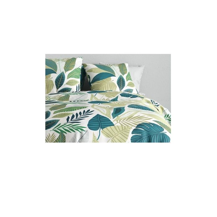 Parure de lit - Housse couette + 2 taies - 220 x 240 cm - Feuillage tropical - 100% coton doux