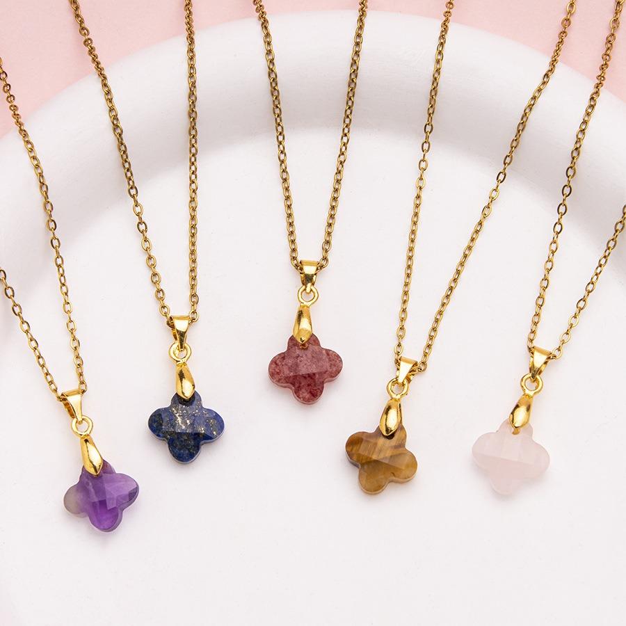 1pc Natural Stone Faceted Four-leaf Clover Pendant Charm Necklaces for Women Jewelry Gift