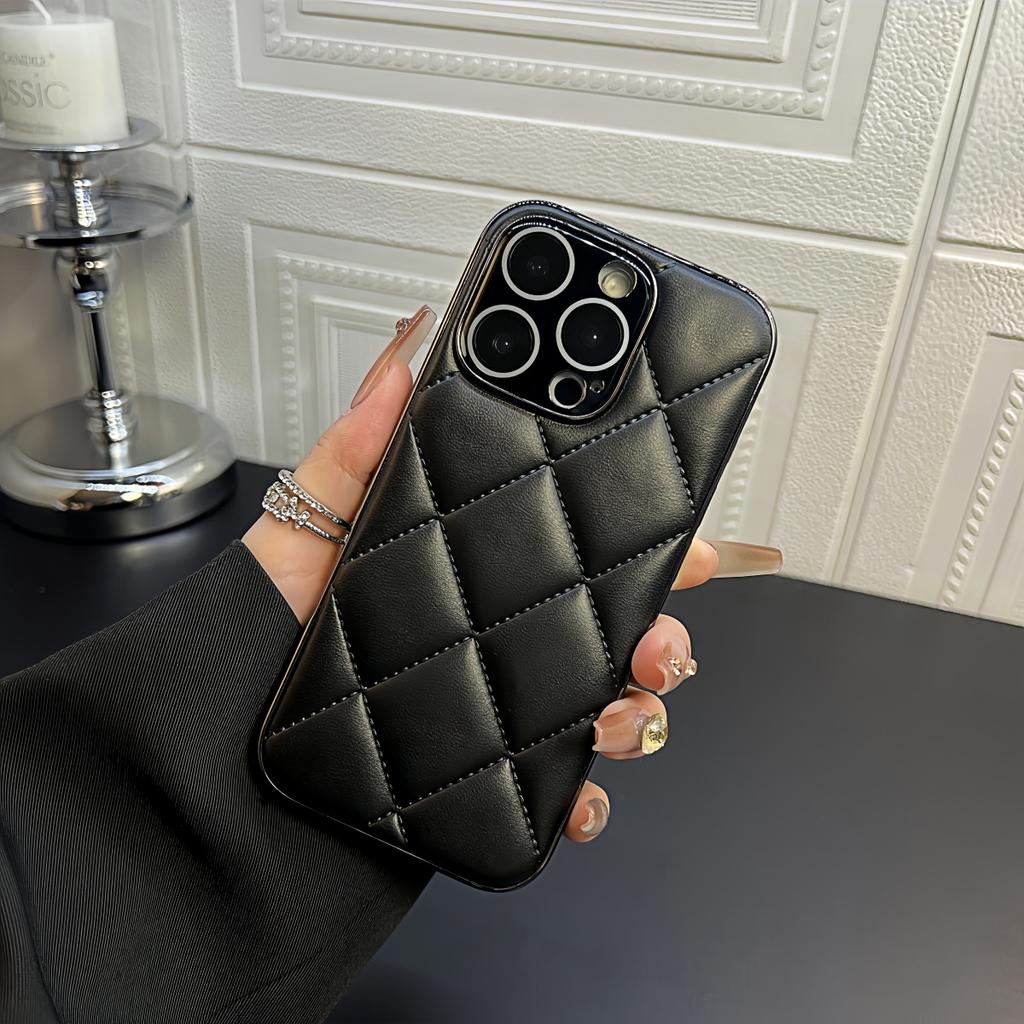 3D Diamond Lattice Rhombus Leather Phone Case For iPhone 16 15 14 13 12 Pro Max Plus Down Jacket Shockproof Bumper Cover