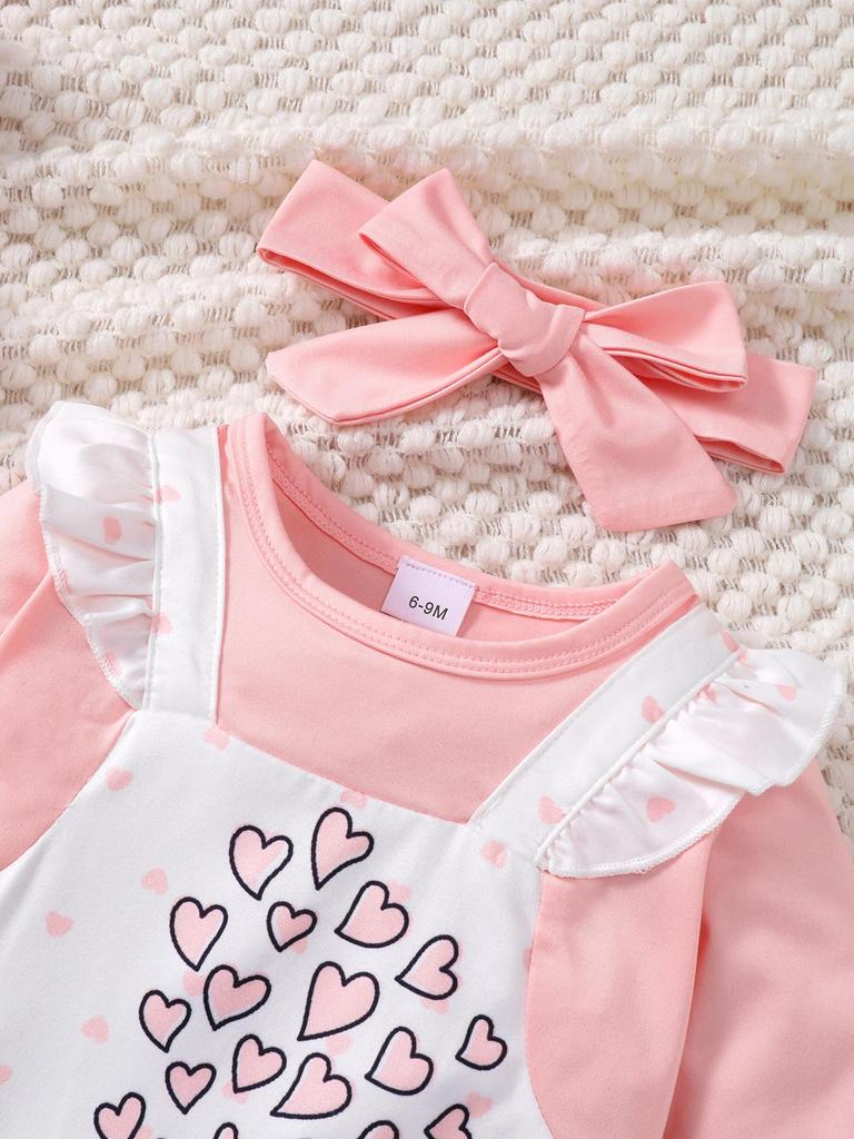 2Pcs Baby Girl Clothes Elephant Heart Print Long Sleeve Jumpsuit Ruffle Outfit+Bow Headband for 0-18 Months Cute Infant Clothes