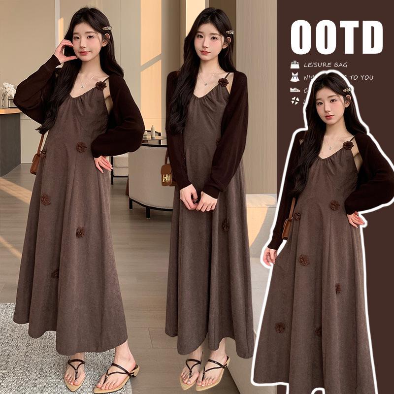 2026 Spring Maternity Sling Dress & Knit Cardigan Set M