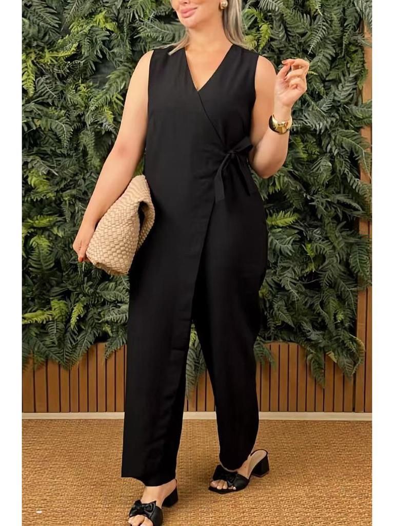 Tuta casual da donna tinta unita con scollo a V e laccio, collezione Primavera/Estate 2025