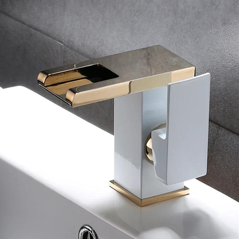 Brass LED Waterfall Bathroom Basin Faucet Cold Hot Water Mixer Crane Sink Tap Color Change Powered by Water Flow Faucets