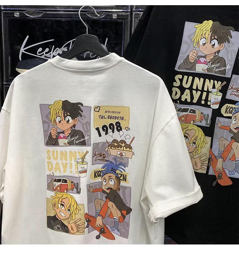Cartoon Print Oversized Heavyweight Cotton T-Shirt - Summer Loose Fit Short Sleeve