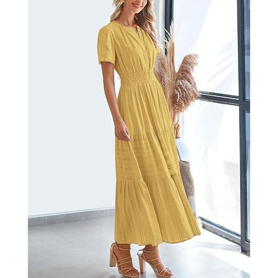 VEZFAA Women's Fashion Summer Spring Solid Color Print Short Sleeve V-Neck High Waist Casual Dresses