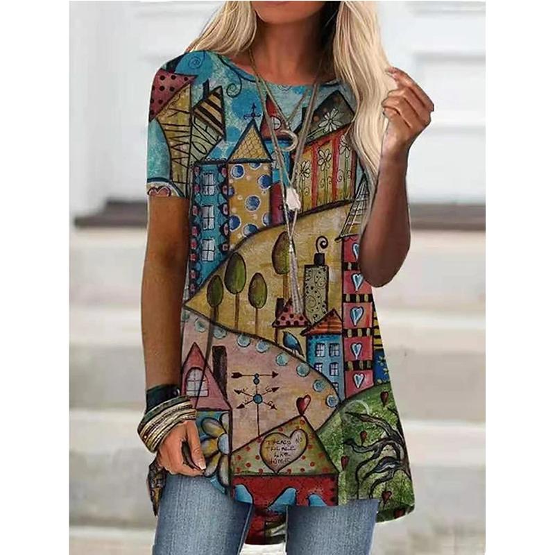 

Женская мода с цветочным принтом с коротким рукавом повседневная туника свободная плюс размер топы с круглым вырезом блузка