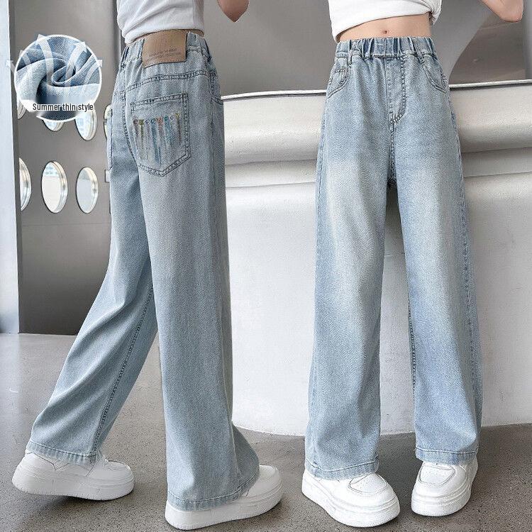Girls  Medium-Large Tencel Denim Wide-Leg Summer Pants - Stylish & Slimming Long Pants 170