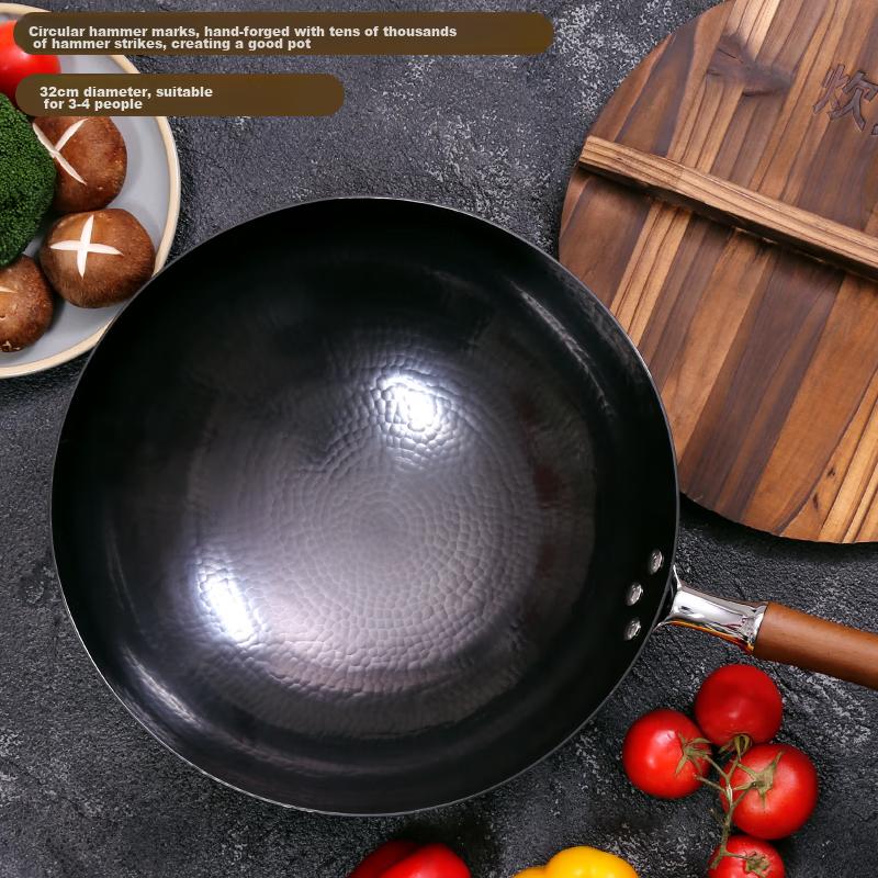 COOKER KING Wok Iron Pan, Hand-Forged Round Bottom Healthy Non-Coated Iron Pan for Stir-Frying, 32cm B49698