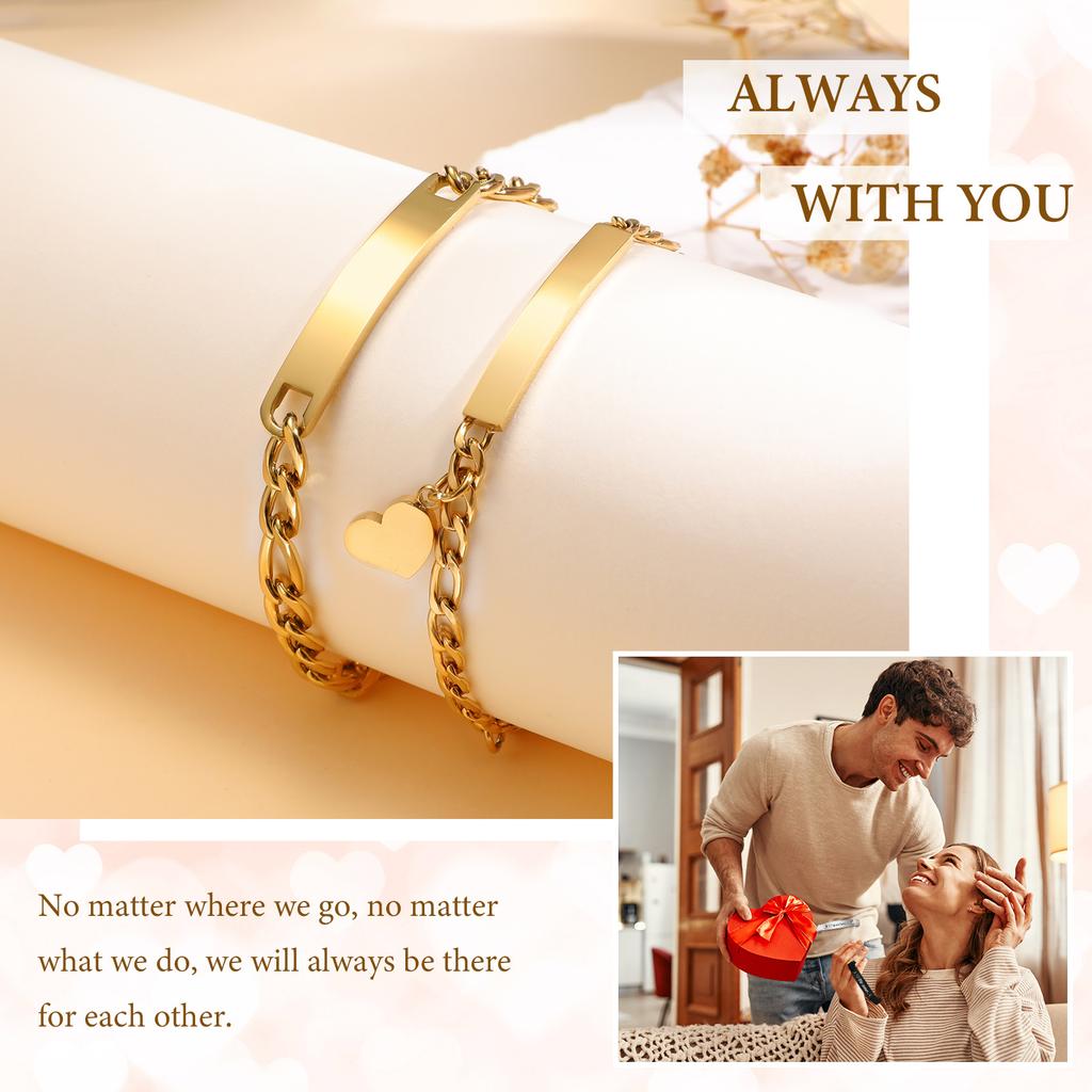 Personalized Matching Bracelet Couples, Stainless Steel Figaro Cuban Chain Link, Heart Danglin Engraving ID Bracelets