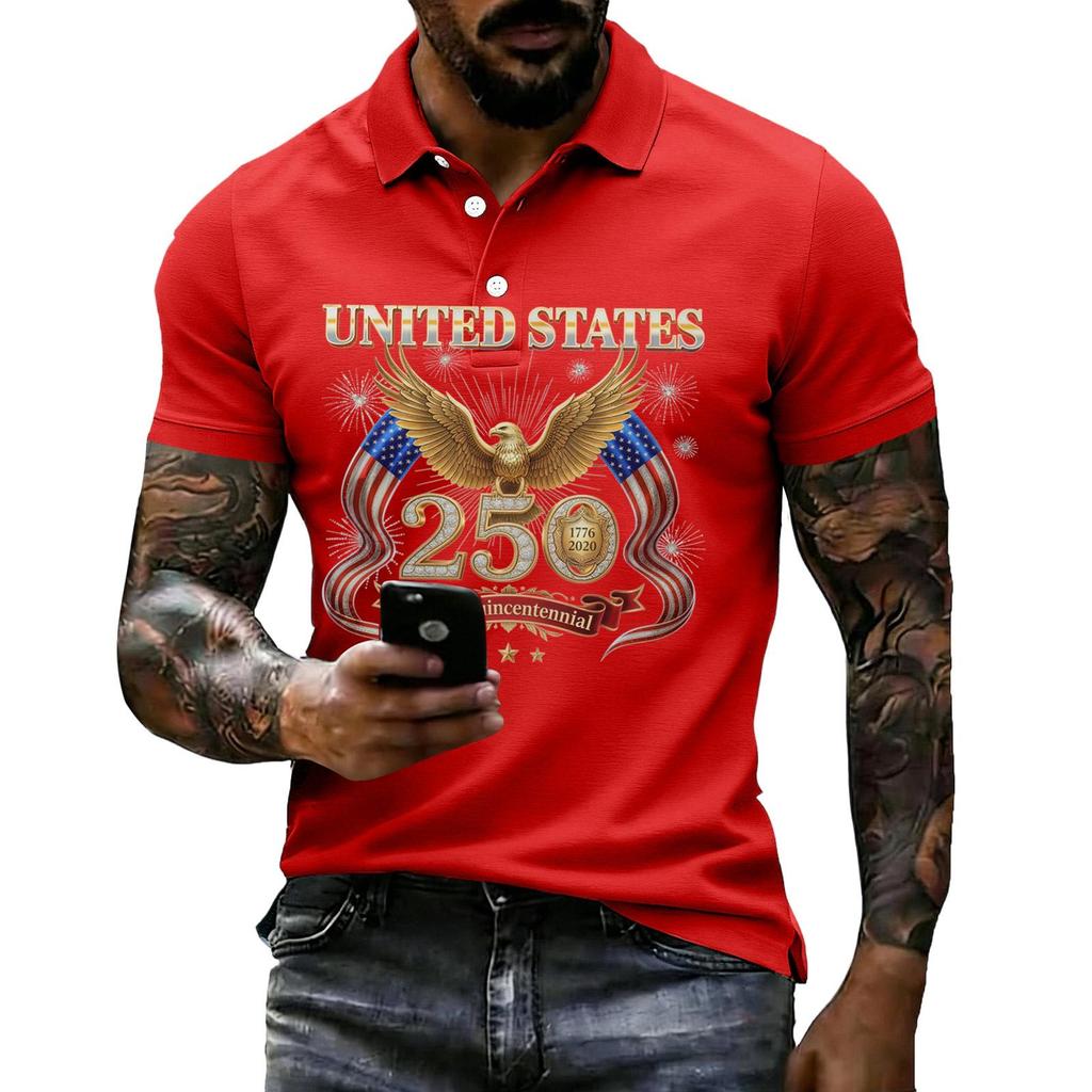 Men's Casual Polo Shirt Short Sleeve Flag Print Lightweight Breathable Comfortable Summer Top with Button Collar