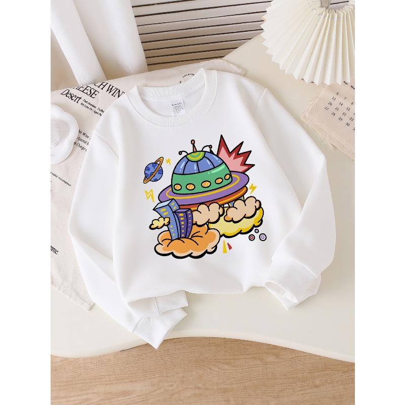 Felpa da Bambino Girocollo | Astronave Colorata Nuvole Pianeta, Lavabile in Lavatrice, Primavera e Autunno, Abbigliamento Sportivo e Casual